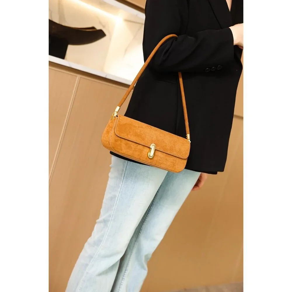 Women Brown faux suede leather Underarm Shoulder Bag Chic Top-Handle Purse - Picture 2 of 5